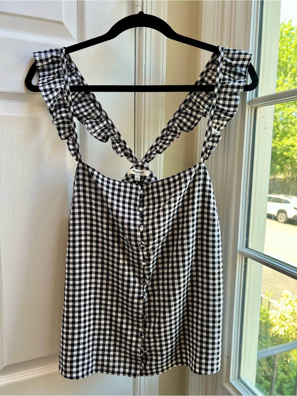 Madewell 14 Black White Gingham Ruffle Strap Cami Top Linen Blend J2835